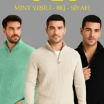 Erkek Fitilli Triko Kazak 3’lü Set – Mint Yeşili, Siyah, Bej Kalın Dokuma Pamuklu Regular Fit V Yaka Fermuarlı Uzun Kollu Rahat Kışlık Kazak Kombini