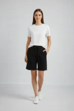 Dokuma Otoban Şort Beli Lastikli Bağcıklı, Cepli, Rahat Kesim Günlük Yazlık Şort - Siyah