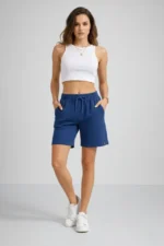 Dokuma Otoban Şort Beli Lastikli Bağcıklı, Cepli, Rahat Kesim Günlük Yazlık Şort - İndigo - Görsel 3