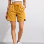 Dokuma Otoban Şort Beli Lastikli Bağcıklı, Cepli, Rahat Kesim Günlük Yazlık Şort - Hardal