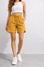 Dokuma Otoban Şort Beli Lastikli Bağcıklı, Cepli, Rahat Kesim Günlük Yazlık Şort - Hardal