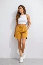 Dokuma Otoban Şort Beli Lastikli Bağcıklı, Cepli, Rahat Kesim Günlük Yazlık Şort - Hardal - Görsel 3