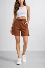 Dokuma Otoban Şort Beli Lastikli Bağcıklı, Cepli, Rahat Kesim Günlük Yazlık Şort - Kahverengi - Görsel 2