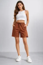 Dokuma Otoban Şort Beli Lastikli Bağcıklı, Cepli, Rahat Kesim Günlük Yazlık Şort - Kahverengi - Görsel 3