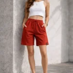 Dokuma Otoban Şort Beli Lastikli Bağcıklı, Cepli, Rahat Kesim Günlük Yazlık Şort - Turuncu