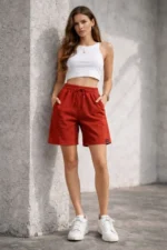 Dokuma Otoban Şort Beli Lastikli Bağcıklı, Cepli, Rahat Kesim Günlük Yazlık Şort - Turuncu