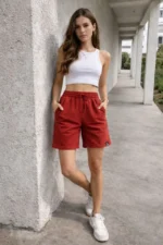 Dokuma Otoban Şort Beli Lastikli Bağcıklı, Cepli, Rahat Kesim Günlük Yazlık Şort - Turuncu - Görsel 2