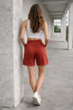 Dokuma Otoban Şort Beli Lastikli Bağcıklı, Cepli, Rahat Kesim Günlük Yazlık Şort - Turuncu - Görsel 3
