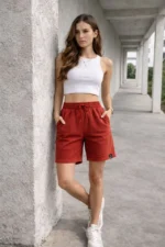 Dokuma Otoban Şort Beli Lastikli Bağcıklı, Cepli, Rahat Kesim Günlük Yazlık Şort - Turuncu - Görsel 4