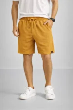 Erkek Otoban Dokuma Şort Beli Lastikli Bağcıklı, Cepli, Rahat Kesim Günlük Yazlık Şort - Hardal - Görsel 3