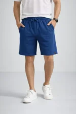 Erkek Otoban Dokuma Şort Beli Lastikli Bağcıklı, Cepli, Rahat Kesim Günlük Yazlık Şort - İndigo - Görsel 4