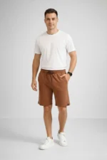 Erkek Otoban Dokuma Şort Beli Lastikli Bağcıklı, Cepli, Rahat Kesim Günlük Yazlık Şort - Kahverengi