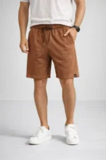 Erkek Otoban Dokuma Şort Beli Lastikli Bağcıklı, Cepli, Rahat Kesim Günlük Yazlık Şort - Kahverengi - Görsel 4