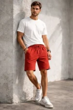 Erkek Otoban Dokuma Şort Beli Lastikli Bağcıklı, Cepli, Rahat Kesim Günlük Yazlık Şort - Turuncu - Görsel 4