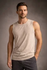 Erkek Flamlı Kumaş Sıfır Kolsuz Atlet Basic Spor Üst, Günlük Ve Fitness Kullanımına Uygun - Taş - Görsel 3