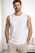 Erkek Flamlı Kumaş Sıfır Kolsuz Atlet Basic Spor Üst, Günlük Ve Fitness Kullanımına Uygun - Beyaz