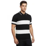 Erkek T-shirt Çizgili Triko Dokuma Kumaş Polo Yaka Yarım Fermuarlı Regular Kalıp Tişört - Siyah - Görsel 2