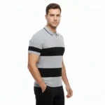 Erkek T-shirt Çizgili Triko Dokuma Kumaş Polo Yaka Yarım Fermuarlı Regular Kalıp Tişört - Gri