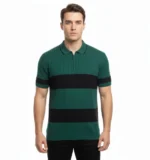 Erkek T-shirt Çizgili Triko Dokuma Kumaş Polo Yaka Yarım Fermuarlı Regular Kalıp Tişört - Çağla Yeşili - Görsel 3