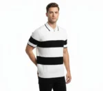 Erkek T-shirt Çizgili Triko Dokuma Kumaş Polo Yaka Yarım Fermuarlı Regular Kalıp Tişört - Beyaz