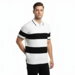 Erkek T-shirt Çizgili Triko Dokuma Kumaş Polo Yaka Yarım Fermuarlı Regular Kalıp Tişört - Beyaz