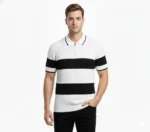 Erkek T-shirt Çizgili Triko Dokuma Kumaş Polo Yaka Yarım Fermuarlı Regular Kalıp Tişört - Beyaz - Görsel 3