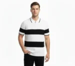 Erkek T-shirt Çizgili Triko Dokuma Kumaş Polo Yaka Yarım Fermuarlı Regular Kalıp Tişört - Beyaz - Görsel 4