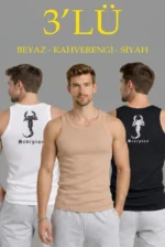 Erkek Spor Fitilli Atlet 3lü Set Beyaz, Siyah Ve Kahverengi Slim Fit Kaşkorse Arka Baskılı Spor Atlet