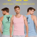 Erkek Spor Fitilli Atlet 3lü Set Mint Yeşili, Pembe Ve Bebek Mavisi Slim Fit Kaşkorse Arka Baskılı Spor Atlet