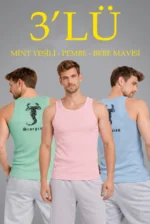 Erkek Spor Fitilli Atlet 3lü Set Mint Yeşili, Pembe Ve Bebek Mavisi Slim Fit Kaşkorse Arka Baskılı Spor Atlet