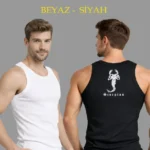 Erkek Spor Fitilli Atlet 2li Set Siyah Ve Beyaz Slim Fit Kaşkorse Arka Baskılı Spor Atlet