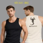 Erkek Spor Fitilli Atlet 2li Set Siyah Ve Bej Slim Fit Kaşkorse Arka Baskılı Spor Atlet
