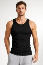 Erkek Spor Fitilli Atlet 2li Set Siyah Ve Bej Slim Fit Kaşkorse Arka Baskılı Spor Atlet - Görsel 3