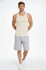 Erkek Spor Fitilli Atlet 2li Set Siyah Ve Bej Slim Fit Kaşkorse Arka Baskılı Spor Atlet - Görsel 4