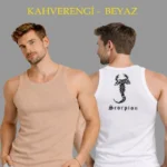 Erkek Spor Fitilli Atlet 2li Set Kahverengi Ve Beyaz Slim Fit Kaşkorse Arka Baskılı Spor Atlet