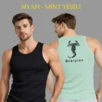 Erkek Spor Fitilli Atlet 2li Set Siyah Ve Mint Yeşili Slim Fit Kaşkorse Arka Baskılı Spor Atlet