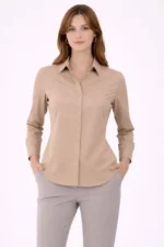 Uzun Kollu Gömlek Düğmeli Klasik Yaka Günlük Ve Ofis Şıklığına Uygun - Bej - Görsel 2