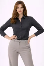 Uzun Kollu Gömlek Düğmeli Klasik Yaka Günlük Ve Ofis Şıklığına Uygun - Füme