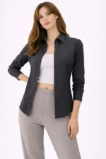 Uzun Kollu Gömlek Düğmeli Klasik Yaka Günlük Ve Ofis Şıklığına Uygun - Füme - Görsel 2