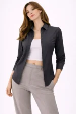 Uzun Kollu Gömlek Düğmeli Klasik Yaka Günlük Ve Ofis Şıklığına Uygun - Füme - Görsel 4