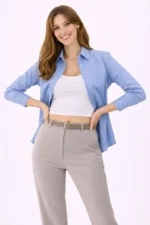 Uzun Kollu Gömlek Düğmeli Klasik Yaka Günlük Ve Ofis Şıklığına Uygun - Mavi - Görsel 2