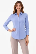Uzun Kollu Gömlek Düğmeli Klasik Yaka Günlük Ve Ofis Şıklığına Uygun - Mavi - Görsel 3