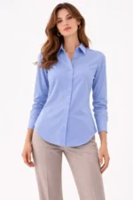 Uzun Kollu Gömlek Düğmeli Klasik Yaka Günlük Ve Ofis Şıklığına Uygun - Mavi - Görsel 4