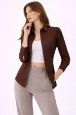 Uzun Kollu Gömlek Düğmeli Klasik Yaka Günlük Ve Ofis Şıklığına Uygun - Kahverengi