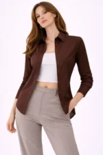 Uzun Kollu Gömlek Düğmeli Klasik Yaka Günlük Ve Ofis Şıklığına Uygun - Kahverengi - Görsel 3