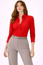 Uzun Kollu Gömlek Düğmeli Klasik Yaka Günlük Ve Ofis Şıklığına Uygun - Kırmızı