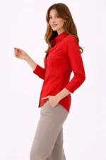 Uzun Kollu Gömlek Düğmeli Klasik Yaka Günlük Ve Ofis Şıklığına Uygun - Kırmızı - Görsel 2