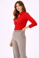 Uzun Kollu Gömlek Düğmeli Klasik Yaka Günlük Ve Ofis Şıklığına Uygun - Kırmızı - Görsel 3