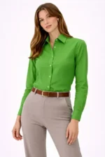 Uzun Kollu Gömlek Düğmeli Klasik Yaka Günlük Ve Ofis Şıklığına Uygun - Yeşil - Görsel 4