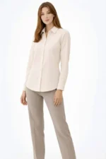 Uzun Kollu Gömlek Düğmeli Klasik Yaka Günlük Ve Ofis Şıklığına Uygun - Krem - Görsel 2